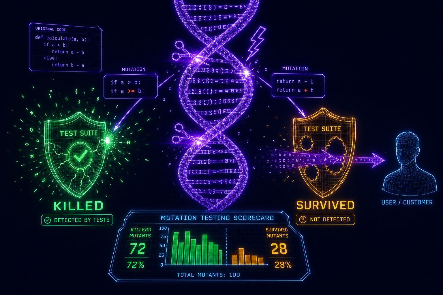 Mutation testing: killed vs survived mutants